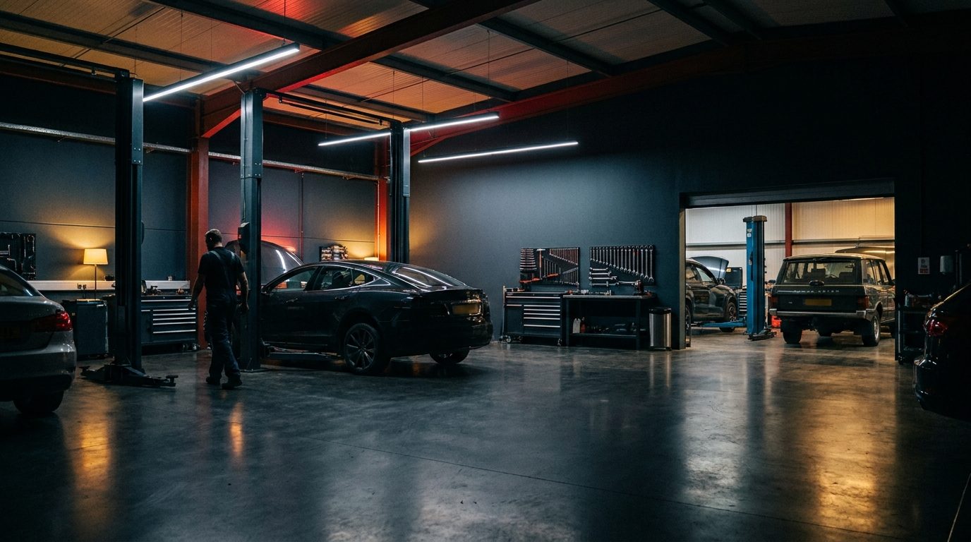 Vue d'ensemble de l'atelier Kbidy Auto, v&eacute;hicules sur pont et postes de travail