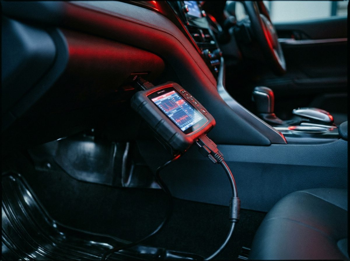 Diagnostic &eacute;lectronique branch&eacute; sur le tableau de bord d'un v&eacute;hicule